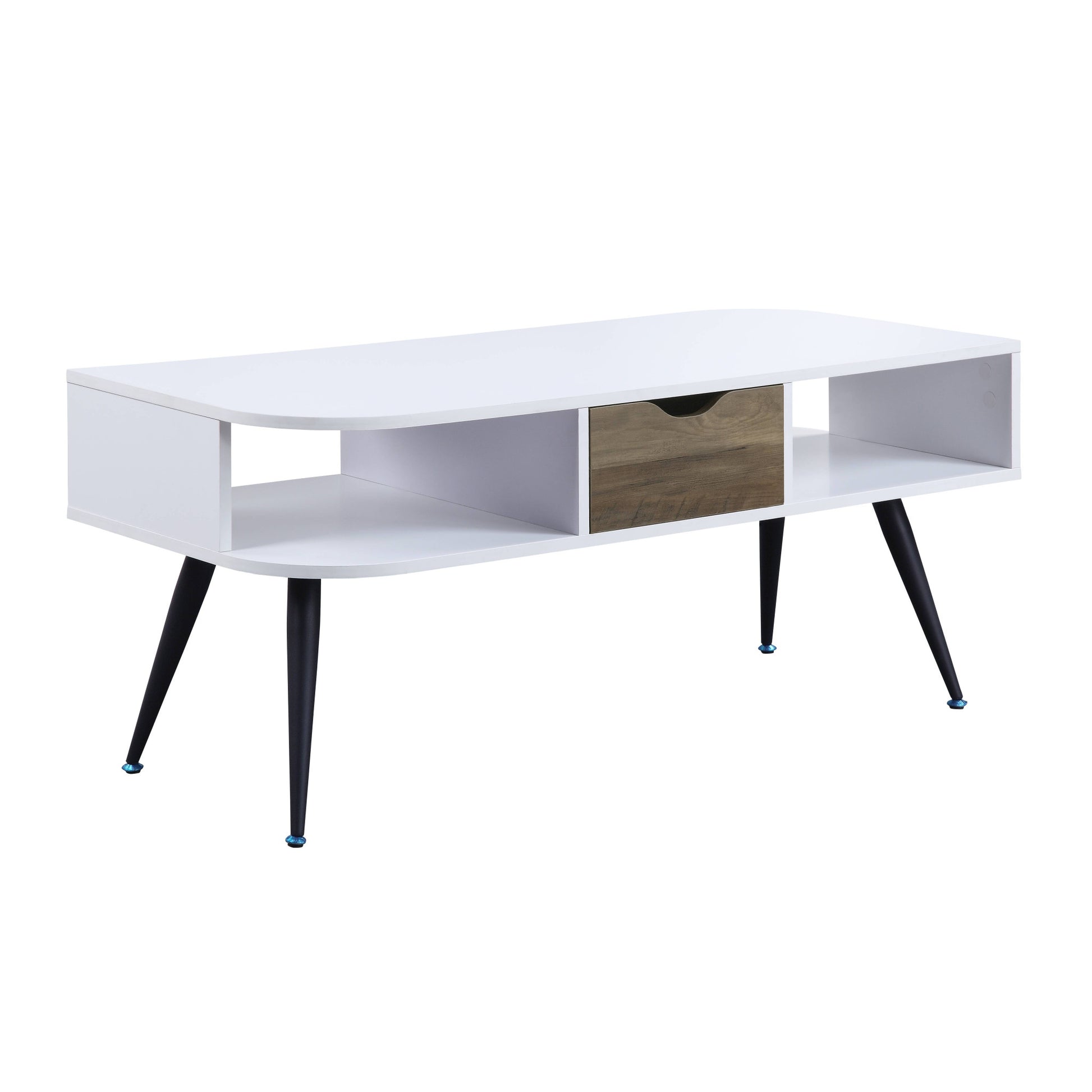 44" White and Black Melamine Veneer And Metal Coffee Table With Drawer And Shelf - Loft&Timber
