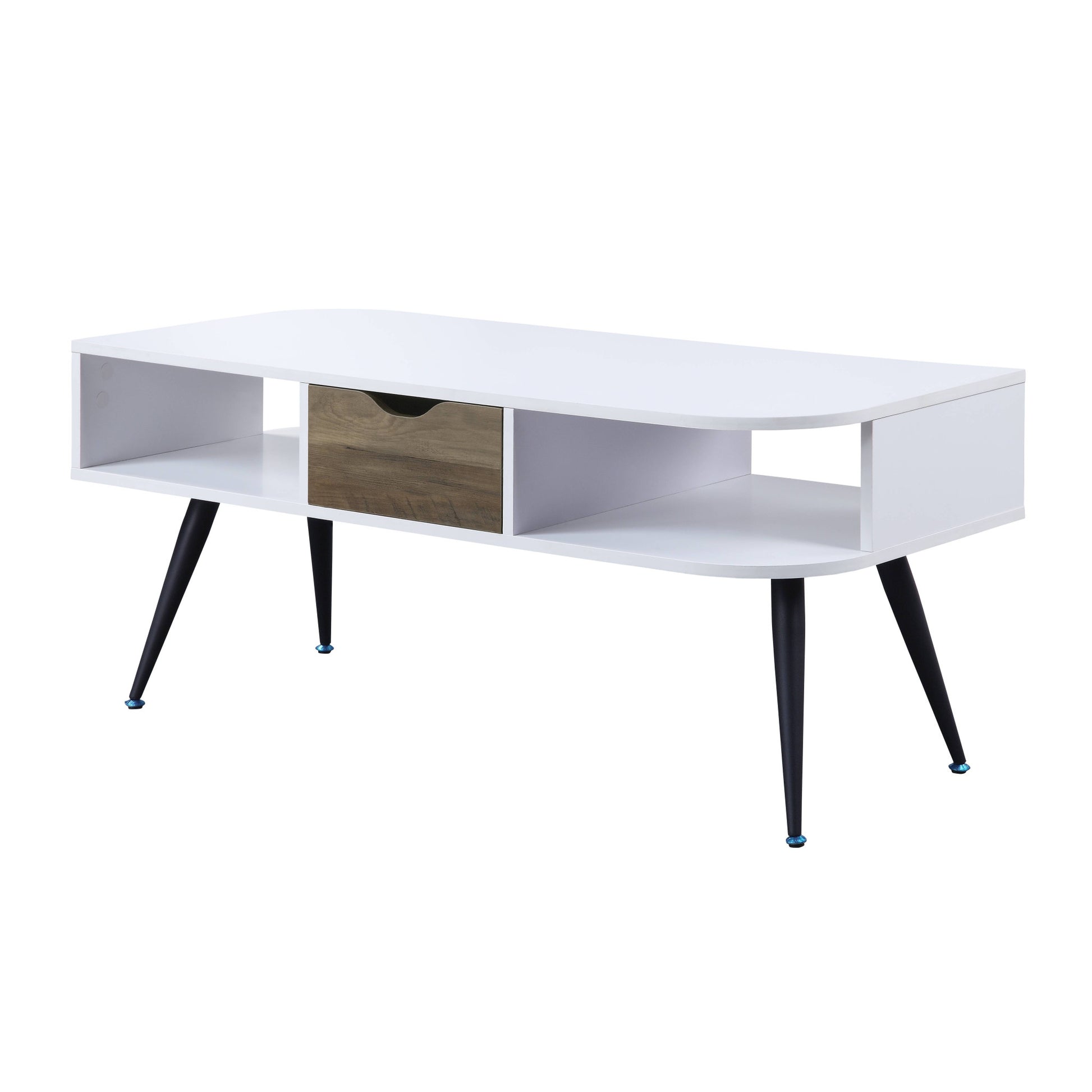 44" White and Black Melamine Veneer And Metal Coffee Table With Drawer And Shelf - Loft&Timber