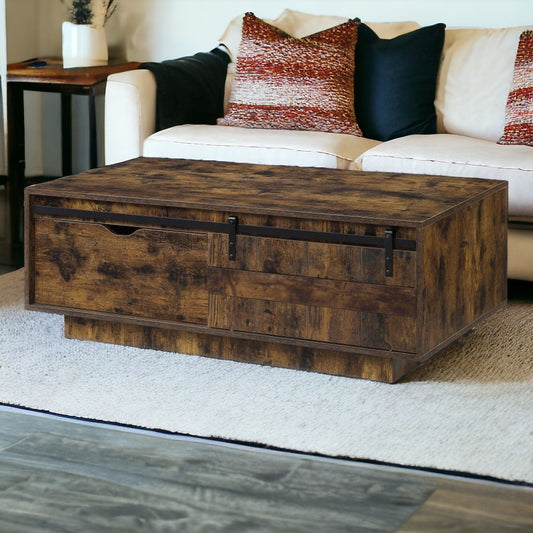 47" Brown and Black Melamine Veneer And Wood Coffee Table With Drawer And Shelf - Loft&Timber