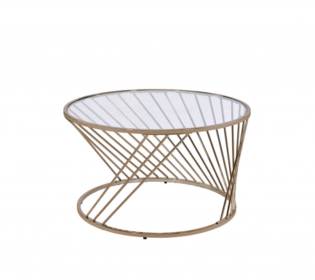 32" Clear and Champagne Glass And Metal Round Frame Coffee Table - Loft&Timber