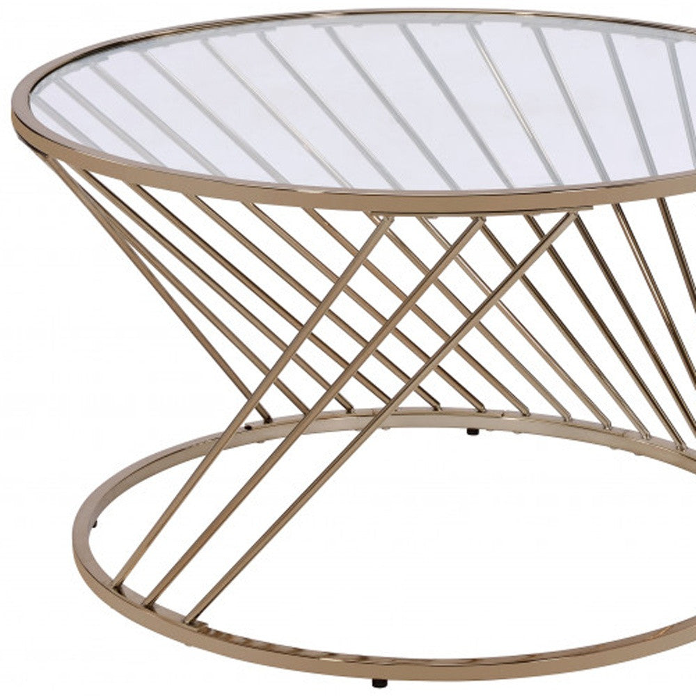 32" Clear and Champagne Glass And Metal Round Frame Coffee Table - Loft&Timber