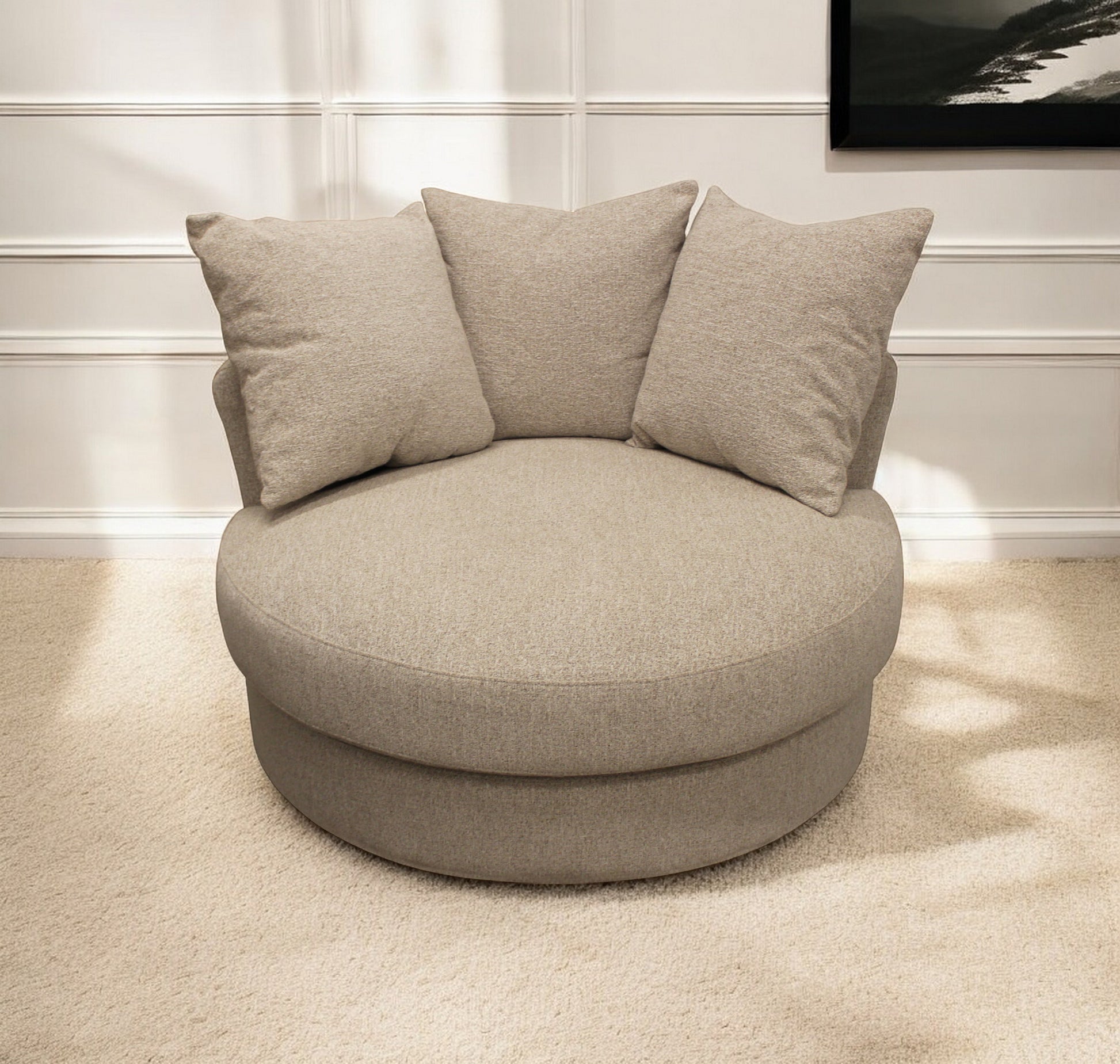 44" Sand Linen Upholstered Swivel Round Accent Chair And Toss Pillows - Loft&Timber
