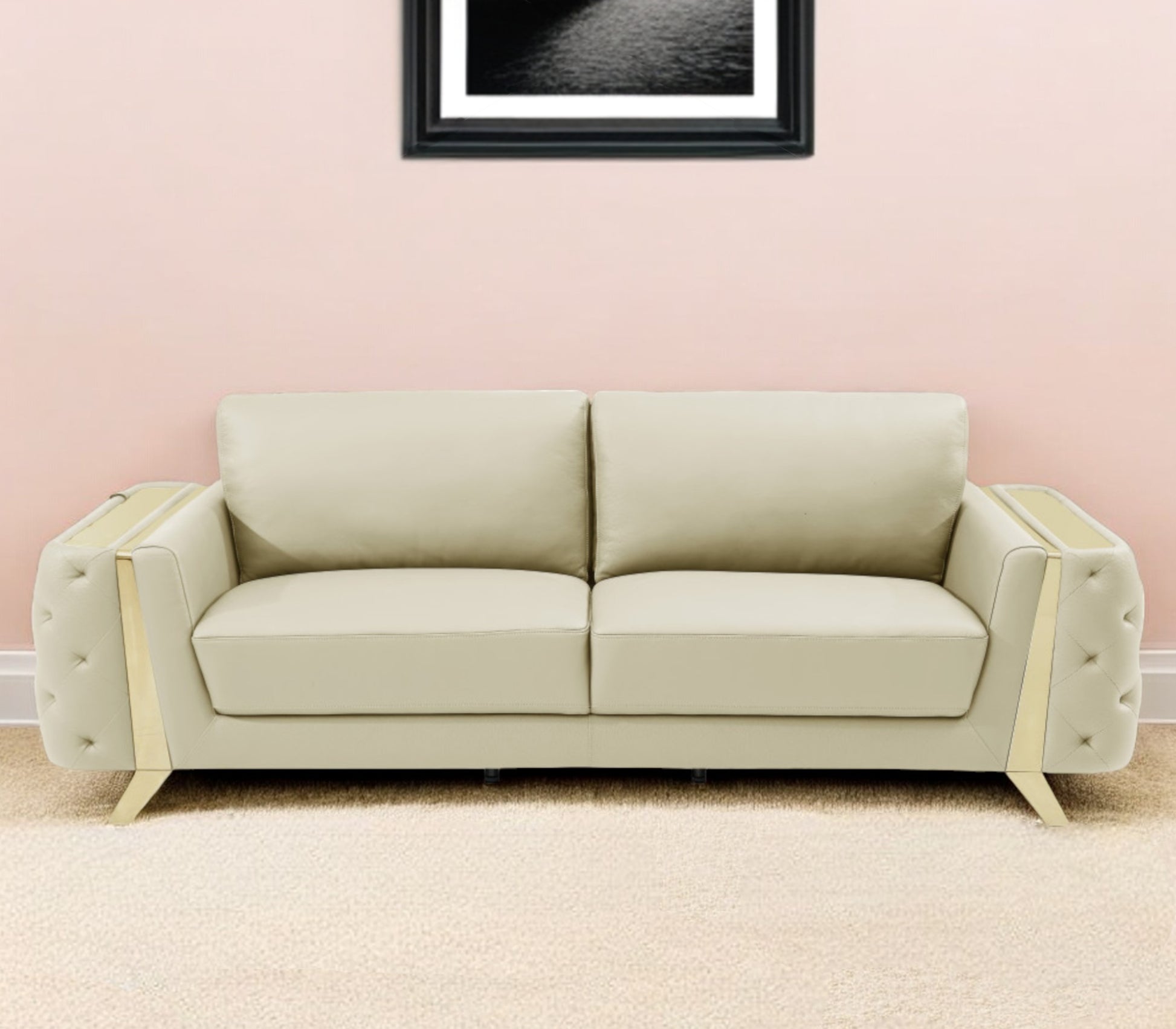 90" Beige Italian Leather Sofa With Gold Legs-0
