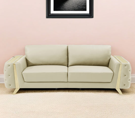 90" Beige Italian Leather Sofa With Gold Legs-0