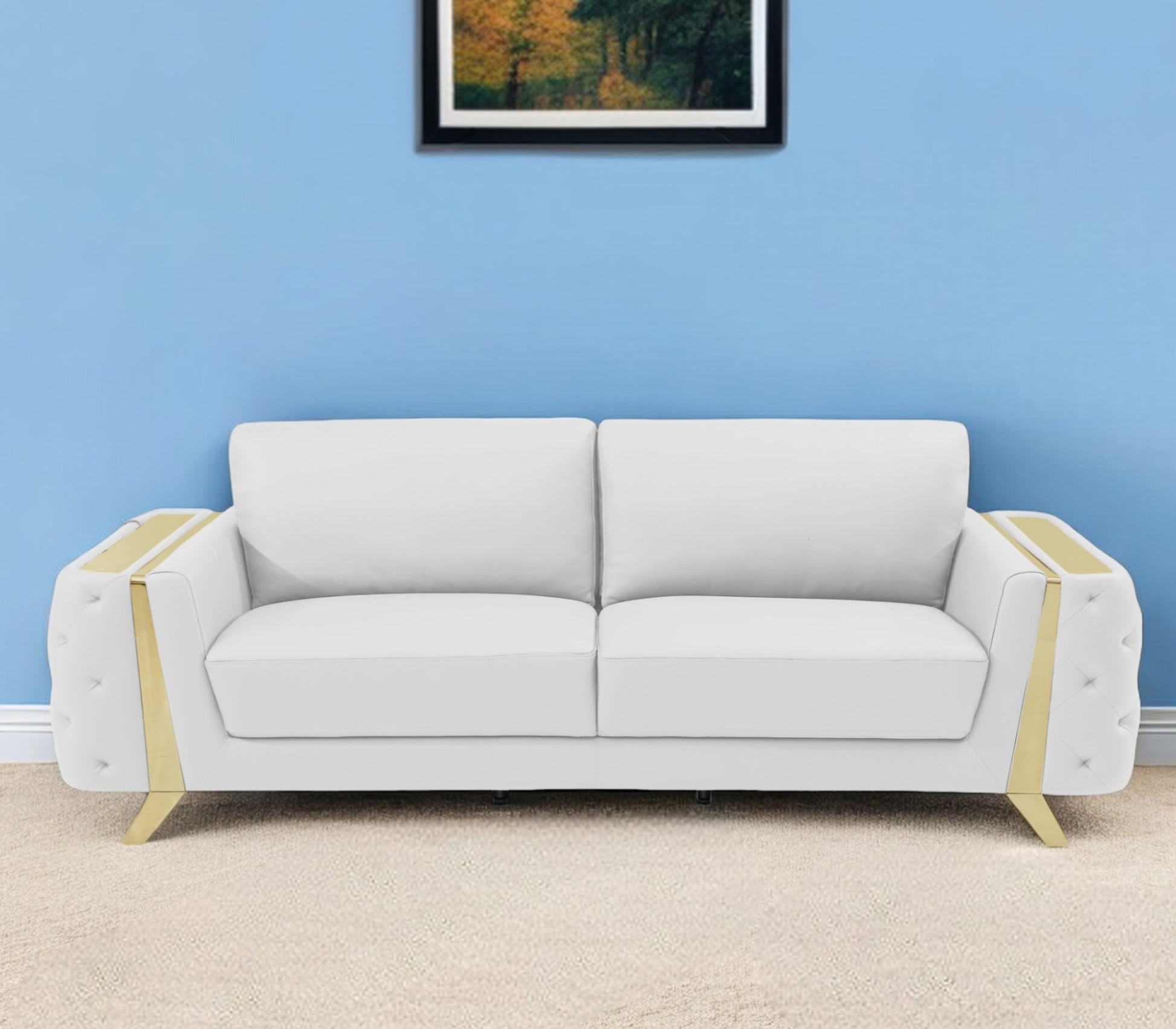 90" White Italian Leather Sofa With Gold Legs-0