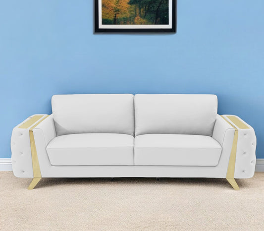90" White Italian Leather Sofa With Gold Legs-0