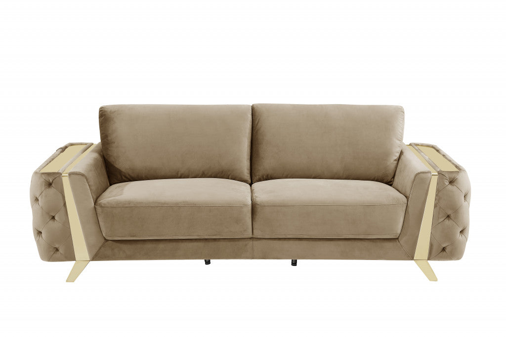 90" Beige Velvet Sofa With Gold Legs-2