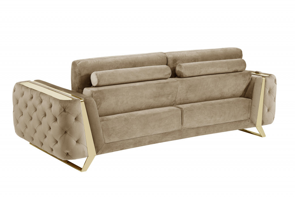 90" Beige Velvet Sofa With Gold Legs-4