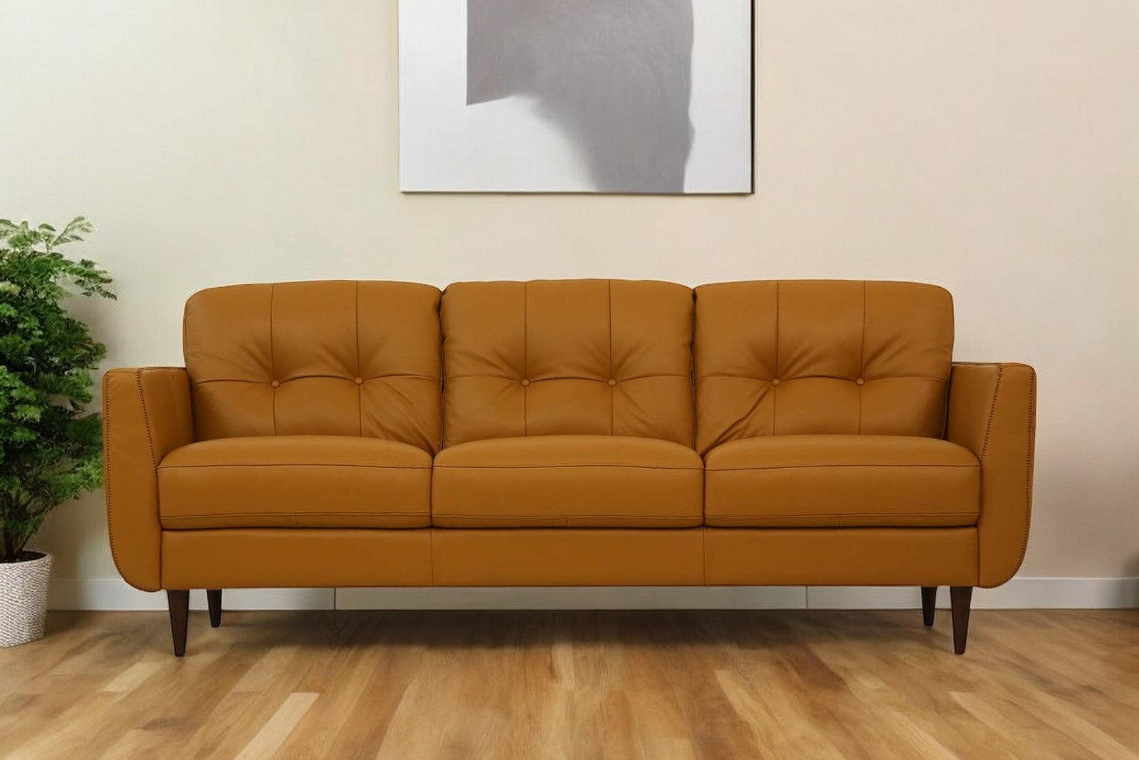 83" Orange Leather Sofa With Black Legs-0