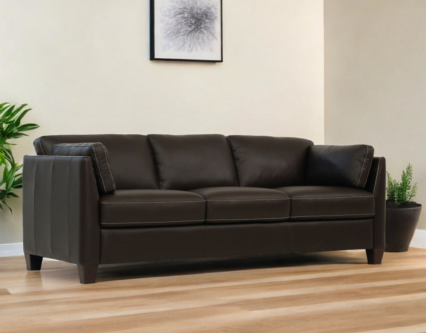 81" Chocolate Leather Sofa With Black Legs-0
