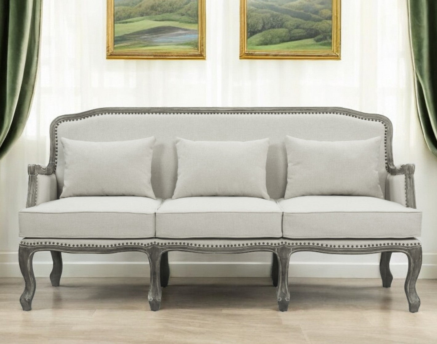 76" Cream Linen Sofa With Brown Legs-0