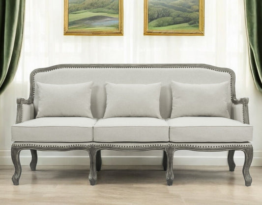 76" Cream Linen Sofa With Brown Legs-0