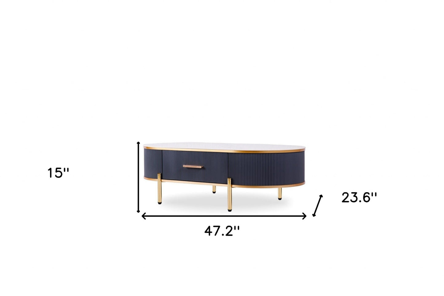 47" White And Gold Stone And Stainless Steel Oval Coffee Table With Drawer - Loft&Timber
