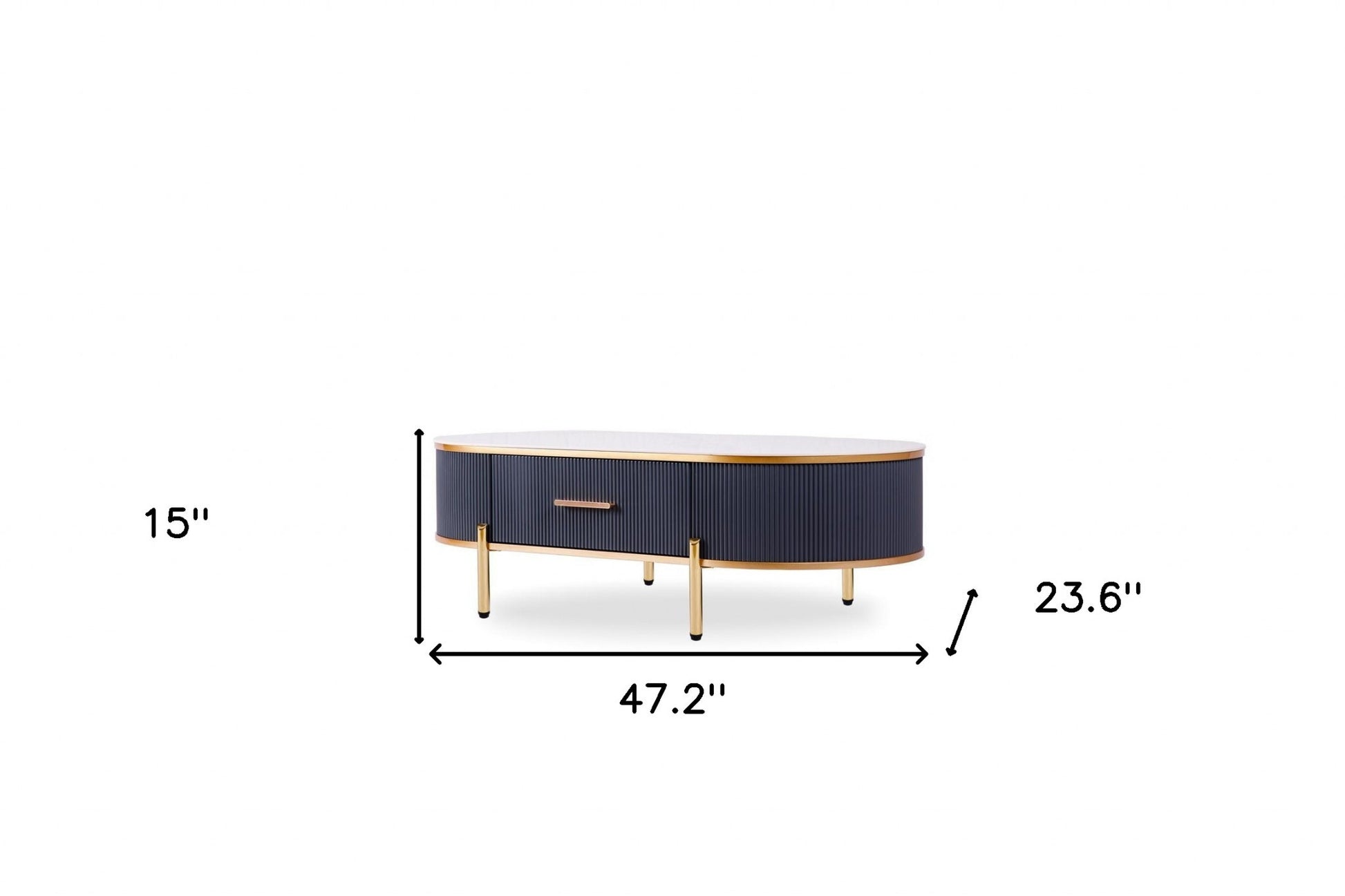47" White And Gold Stone And Stainless Steel Oval Coffee Table With Drawer - Loft&Timber