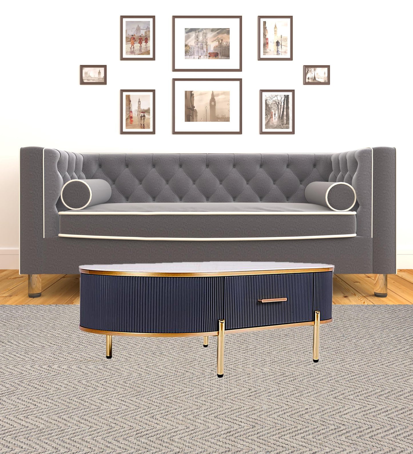 47" White And Gold Stone And Stainless Steel Oval Coffee Table With Drawer - Loft&Timber
