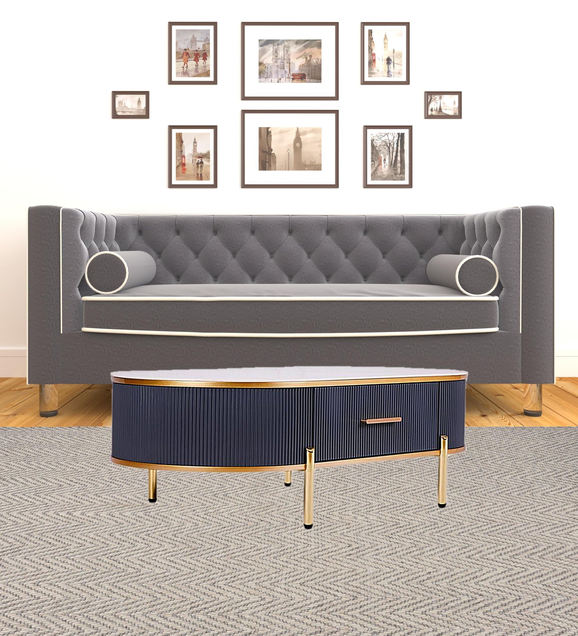 47" White And Gold Stone And Stainless Steel Oval Coffee Table With Drawer - Loft&Timber