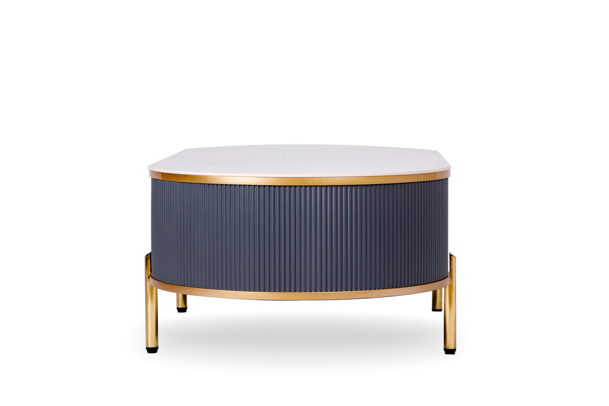47" White And Gold Stone And Stainless Steel Oval Coffee Table With Drawer - Loft&Timber