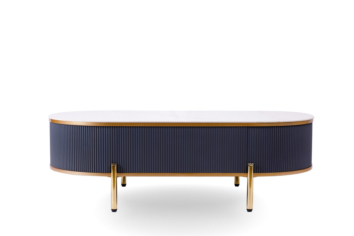 47" White And Gold Stone And Stainless Steel Oval Coffee Table With Drawer - Loft&Timber