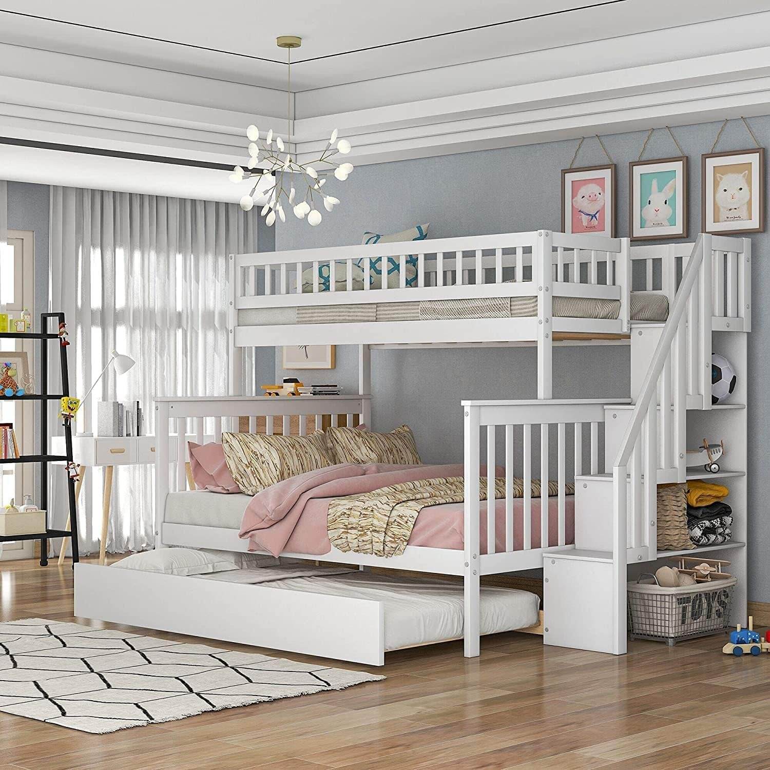 Twin over Full Bunk Beds with Twin Size Trundle & Stairway, Solid Wood Bunk Bed Twin over Full Size with Storage and Guard Rail for Bedroom, Dorm, Kids, Teens,Adults,White-0