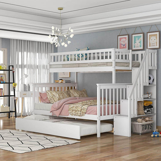 Twin over Full Bunk Beds with Twin Size Trundle & Stairway, Solid Wood Bunk Bed Twin over Full Size with Storage and Guard Rail for Bedroom, Dorm, Kids, Teens,Adults,White - Loft&Timber