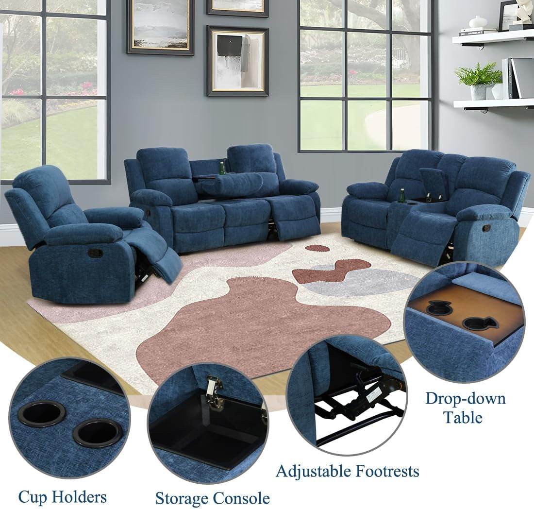3 Seater Recliner Sofa Couch Modern Manual Reclining Sofa Fabric Reclining Sofa Living Room Couch with Dual Cup Holders and Drop down Table for Living Room/Office/Rv Car (Blue, 3 Seater Sofa) - Loft&Timber
