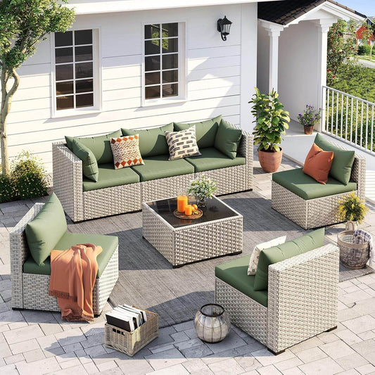Outdoor Patio Furniture Set, 7-Piece PE Wicker Sectional Sofa with Tea Table - Loft&Timber