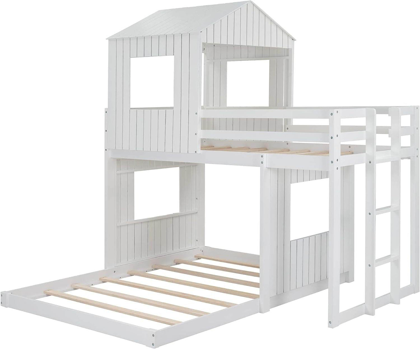House Bunk Beds, Twin over Full Bunk Bed Wood Playhouse Bunkbed Low Bed Frame for Kids Toddlers Girls/Boys, White - Loft&Timber