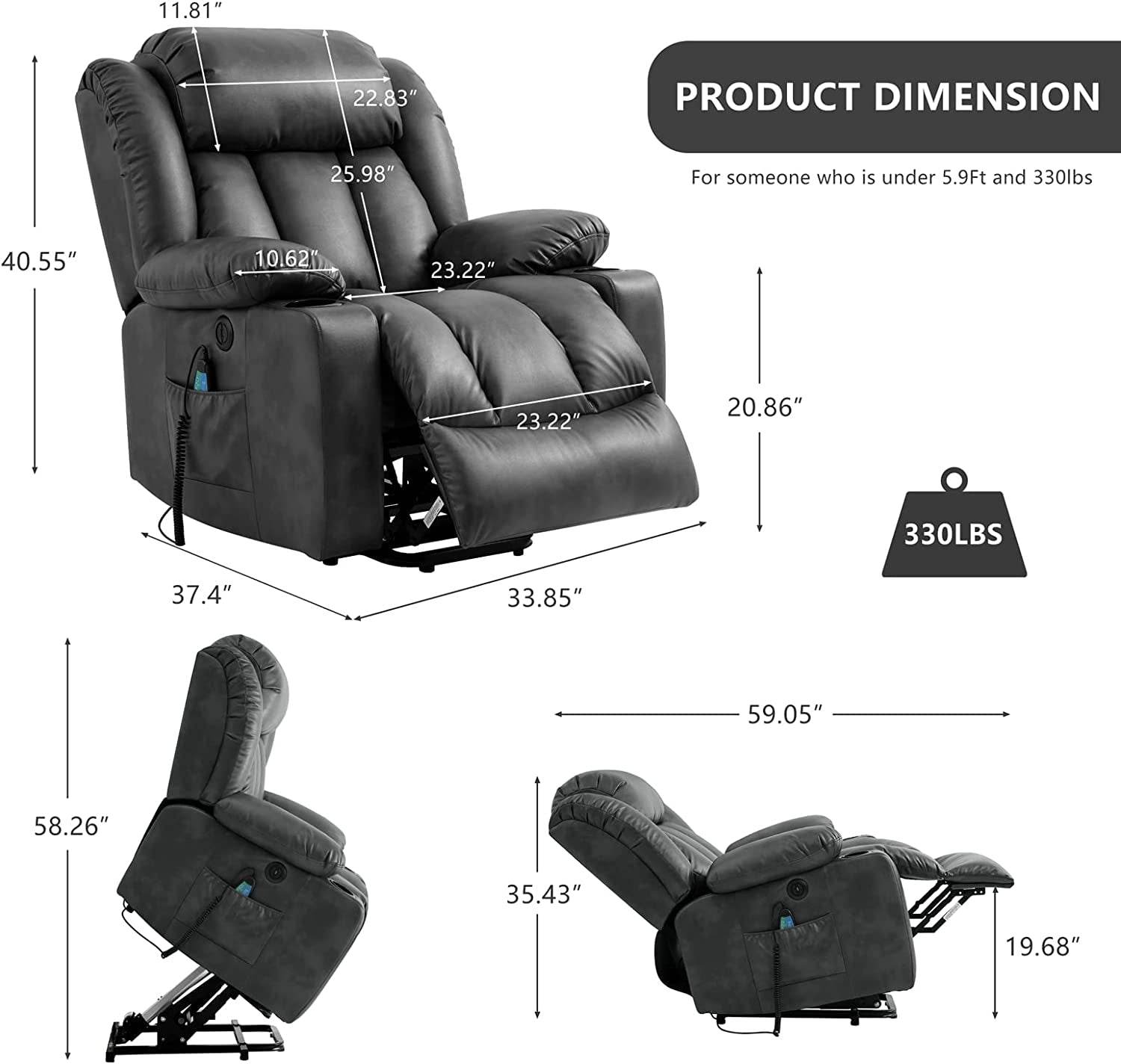 Electric Recliner Chair for Seniors, Grey - Loft&Timber