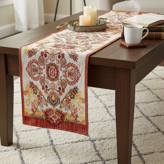 Tache Elegant Burgundy Ornate Paisley Woven Tapestry Table Runner (18194)-1
