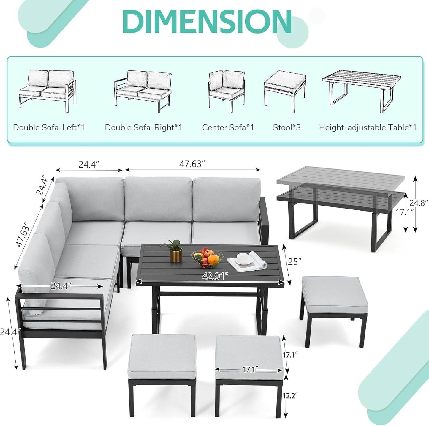 All Weather Aluminum Frame Patio Conversation Set, 7 Pieces Outdoor Patio Furniture, Patio Furniture Set, Outdoor Patio Set for Lawn, Garden, Balcony, Poolside, Conversation Set(Grey - Loft&Timber