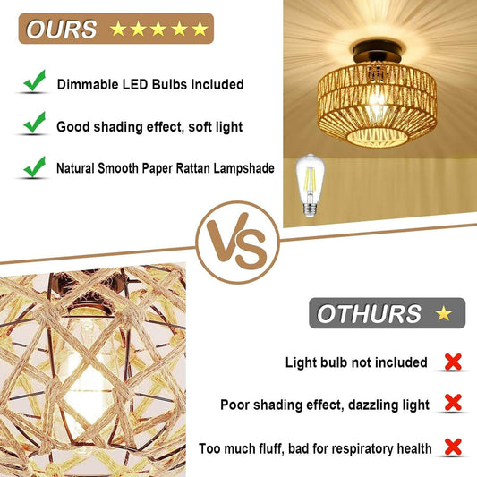 Boho Light Fixtures Ceiling Mount,Mini Rattan Chandelier Light Fixture with Dimmable LED Bulb,Hand Woven Ceiling Light Fixtures Flush Mount for Hallway Bedroom Kitchen Entryway Living Room - Loft&Timber