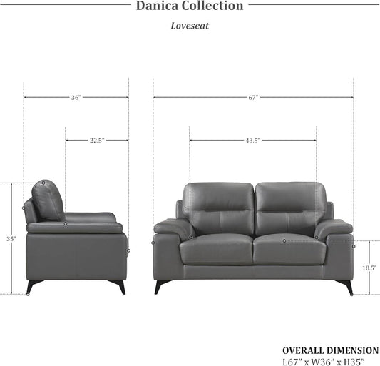 Danica Top Grain Leather 2-Piece Living Room Sofa Set, Dark Gray - Loft&Timber