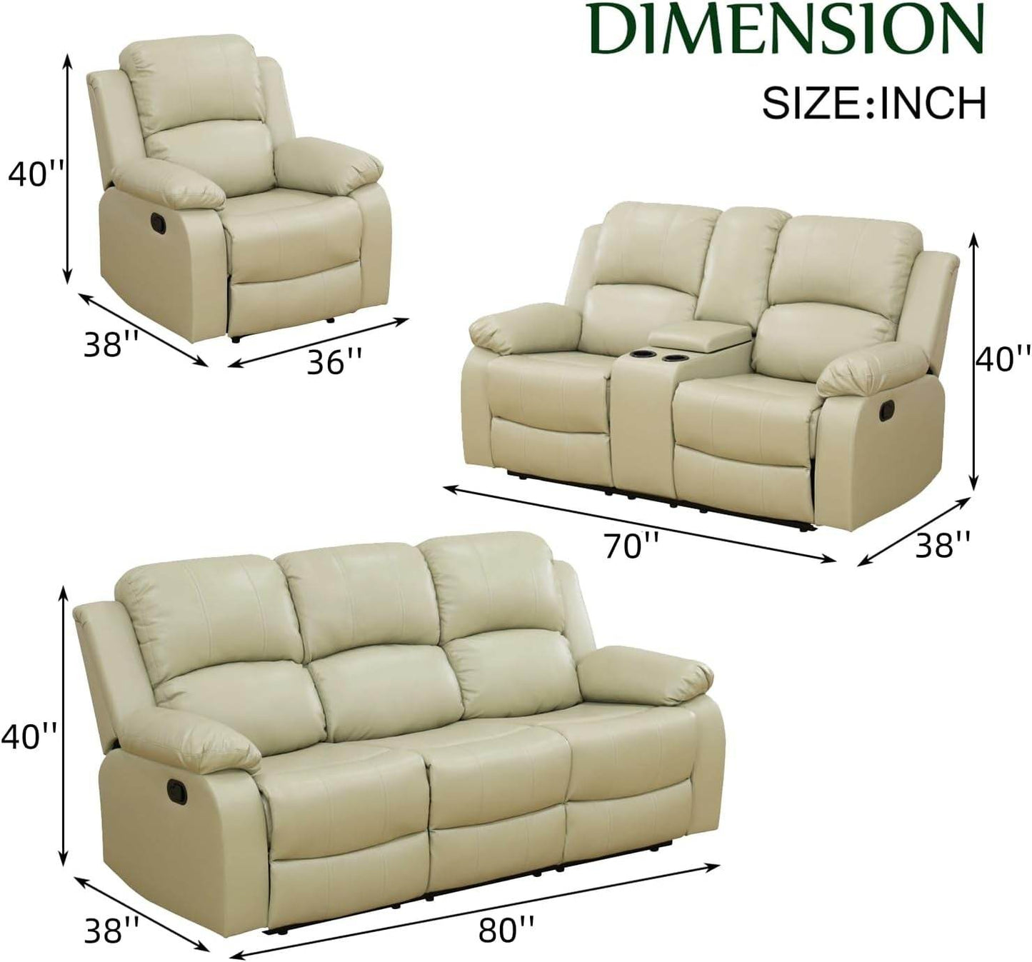 Leather Recliner Sofa Set, Beige (Sofa Set 3 Pieces) - Loft&Timber