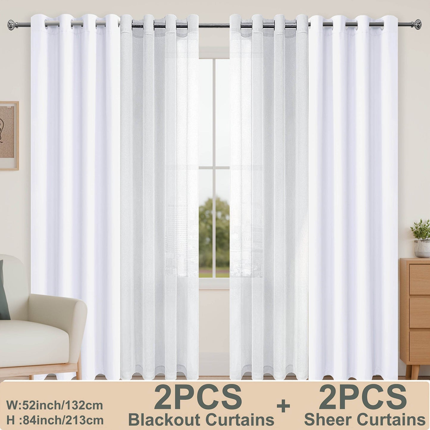 4pcs/SET Curtains - 2pcs Blackout Curtains with Tiebacks And 2pcs Sheer Curtains - Loft&Timber