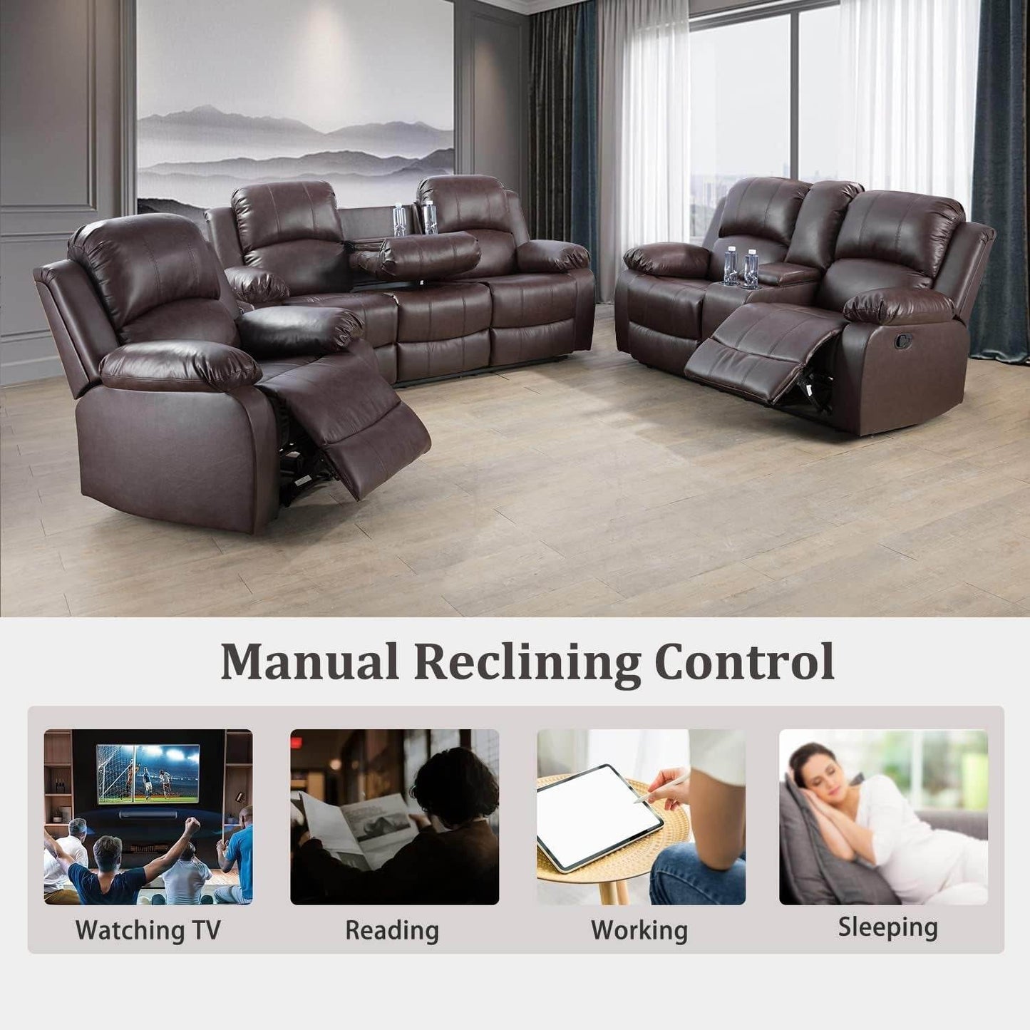 Manual Recliner Sofa Set (3 Pieces, Brown) - Loft&Timber