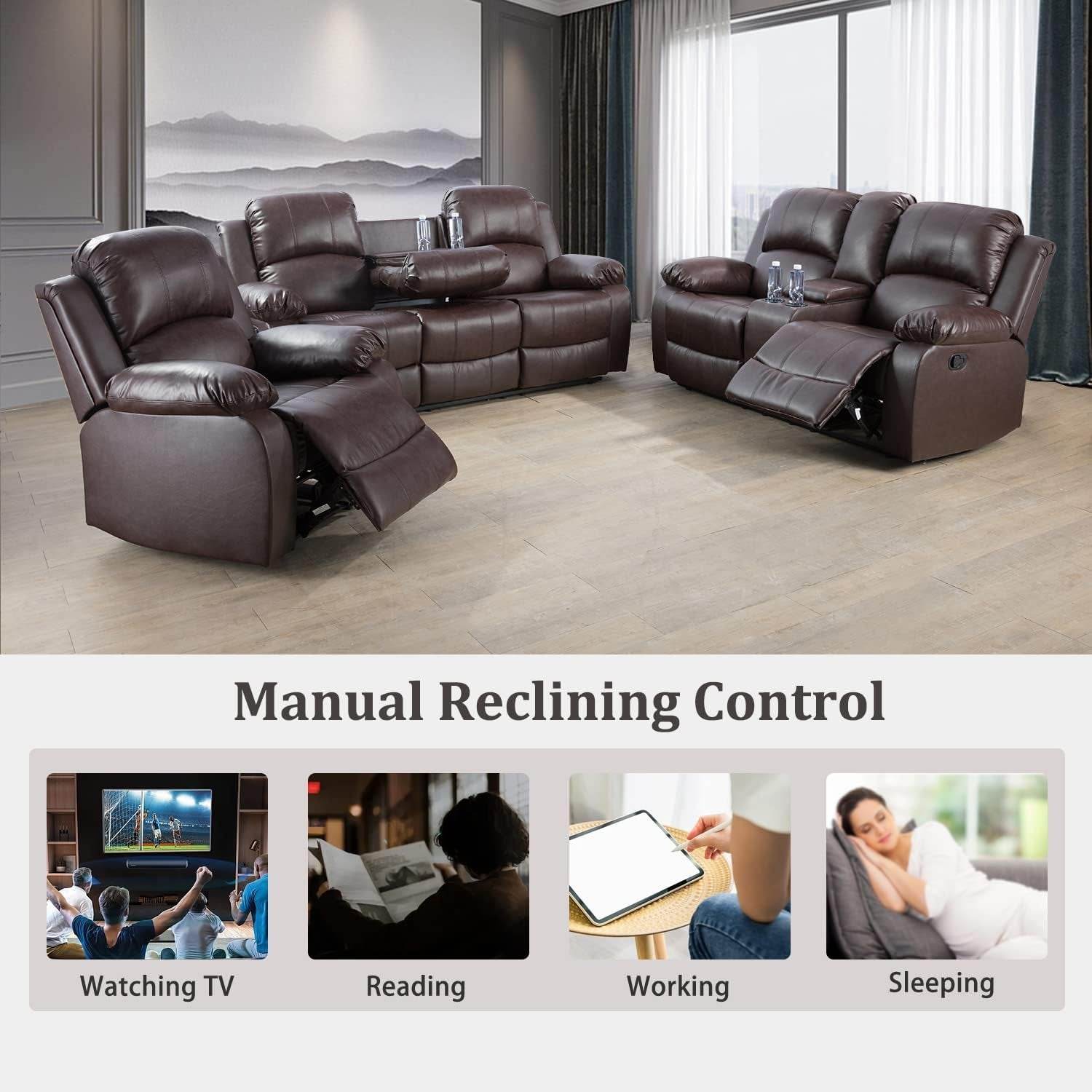 Manual Recliner Sofa Set (3 Pieces, Brown) - Loft&Timber