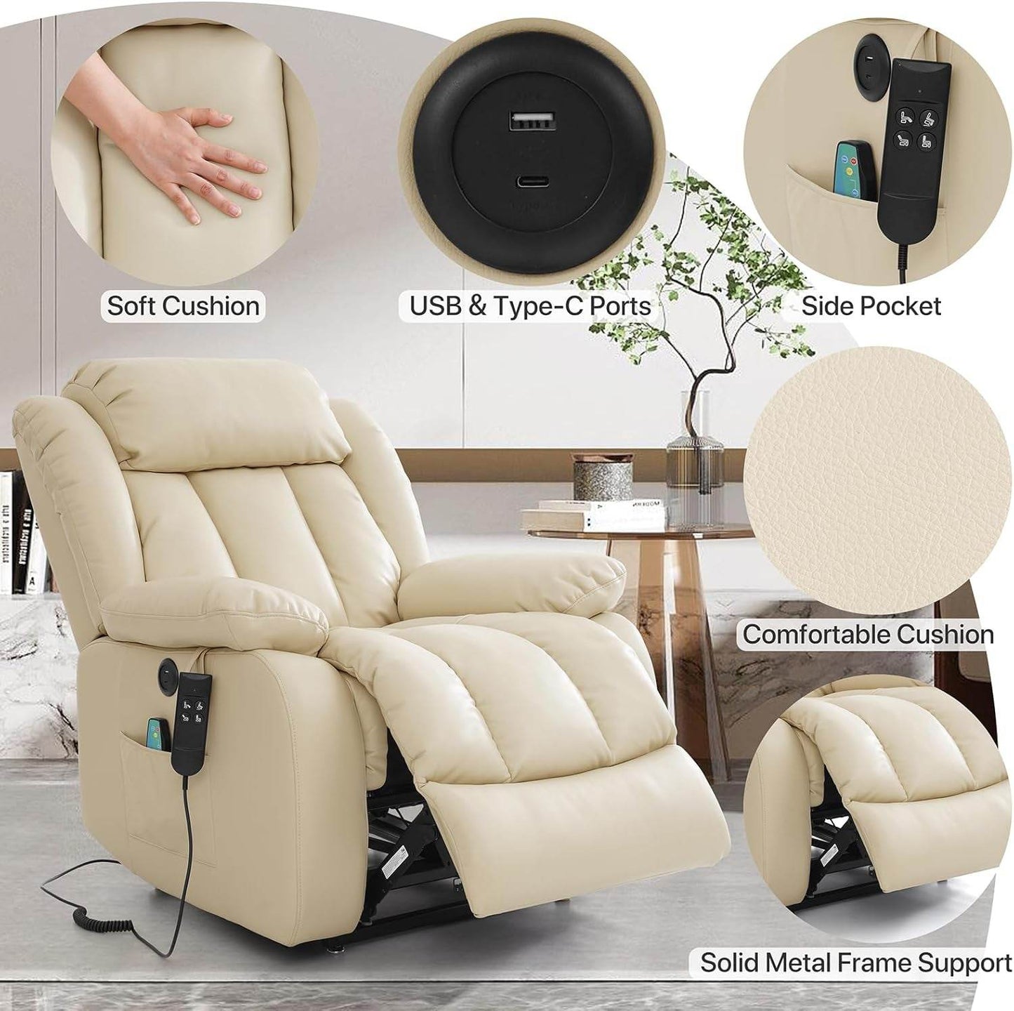 Dual Motor Large Power Lift Recliner Chair Recliners for Elderly, Infinite Position Recliner Chair with Heat and Massage, Breathable Leather(Beige) - Loft&Timber