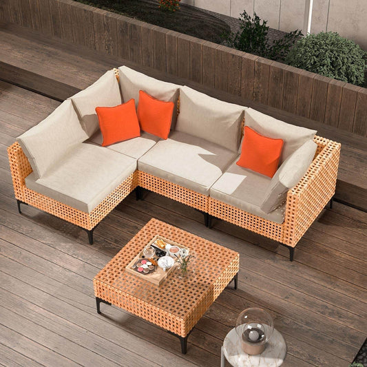 5 Piece Outdoor Patio Furniture Set Modular Outdoor Furniture Set Wicker Outdoor Sectional Sofa with Cushions and Table Patio Set for Balcony Porch Deck Yard ( (Salmon&Orange Wicker, Sand Cushion)) - Loft&Timber