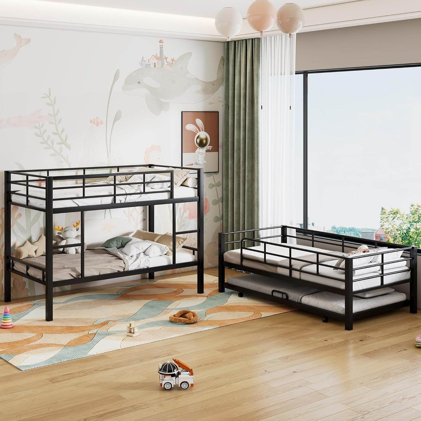 Metal Twin Size Triple Bunk Bed with Trundle for 4, Bunk Beds with 2 Ladders & Guardrails, Convertible to 3 Separate Beds for Kids Teens, Space-Saving, Black - Loft&Timber