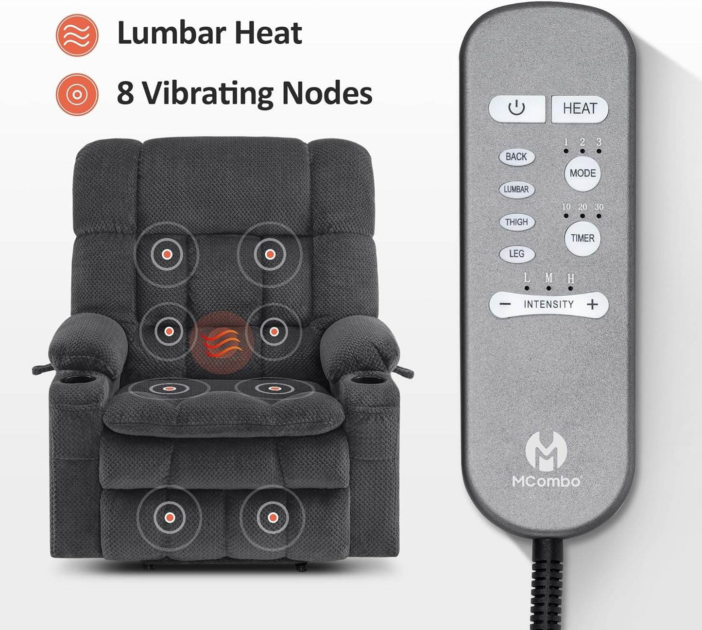 Dark Grey Wide Power Lift Recliner Massage, Heat, USB - Loft&Timber