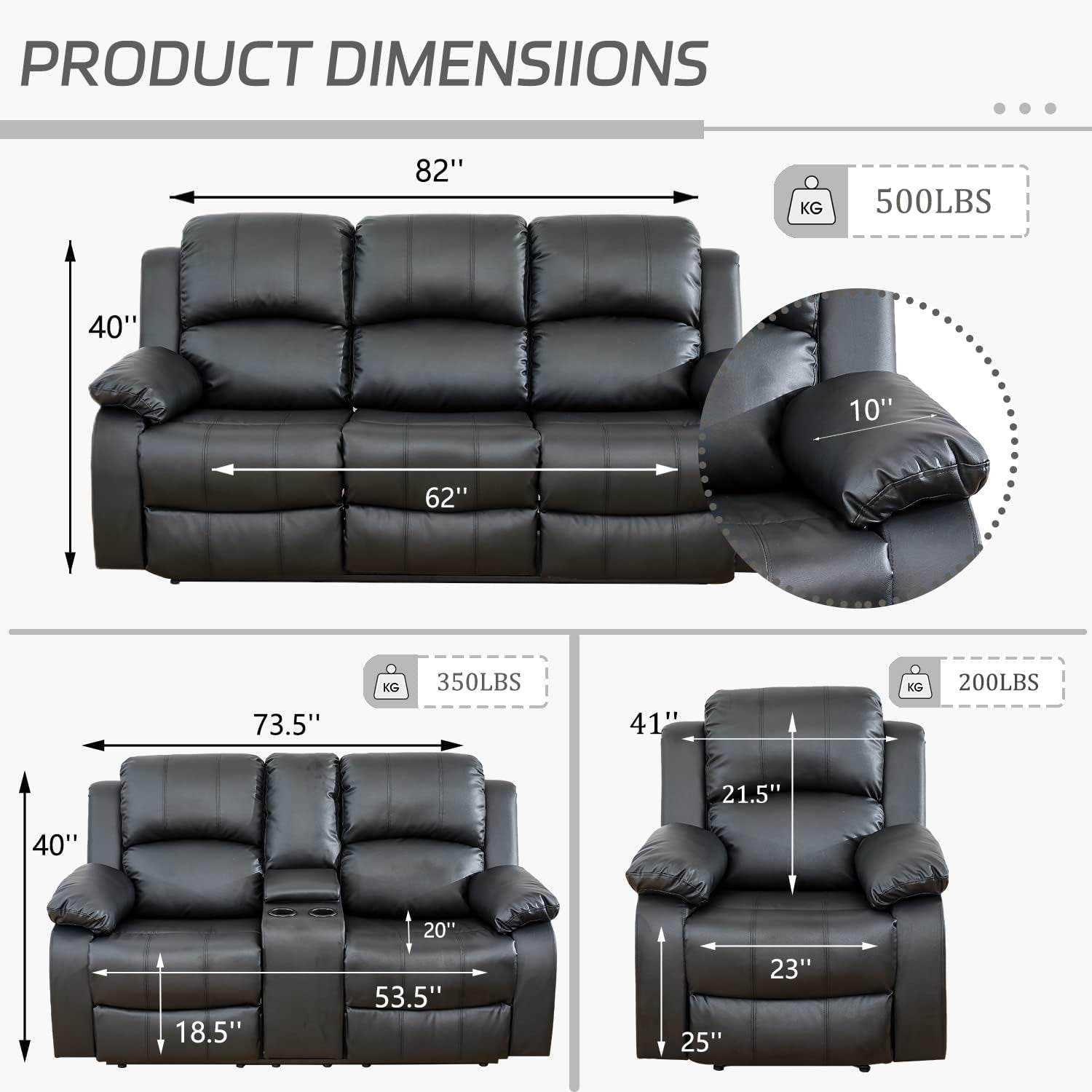 Manual Recliner Sofa Set, Bonded Leather in Black - Loft&Timber