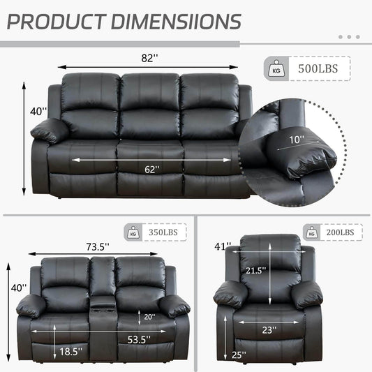 Manual Recliner Sofa Set, Bonded Leather in Black - Loft&Timber
