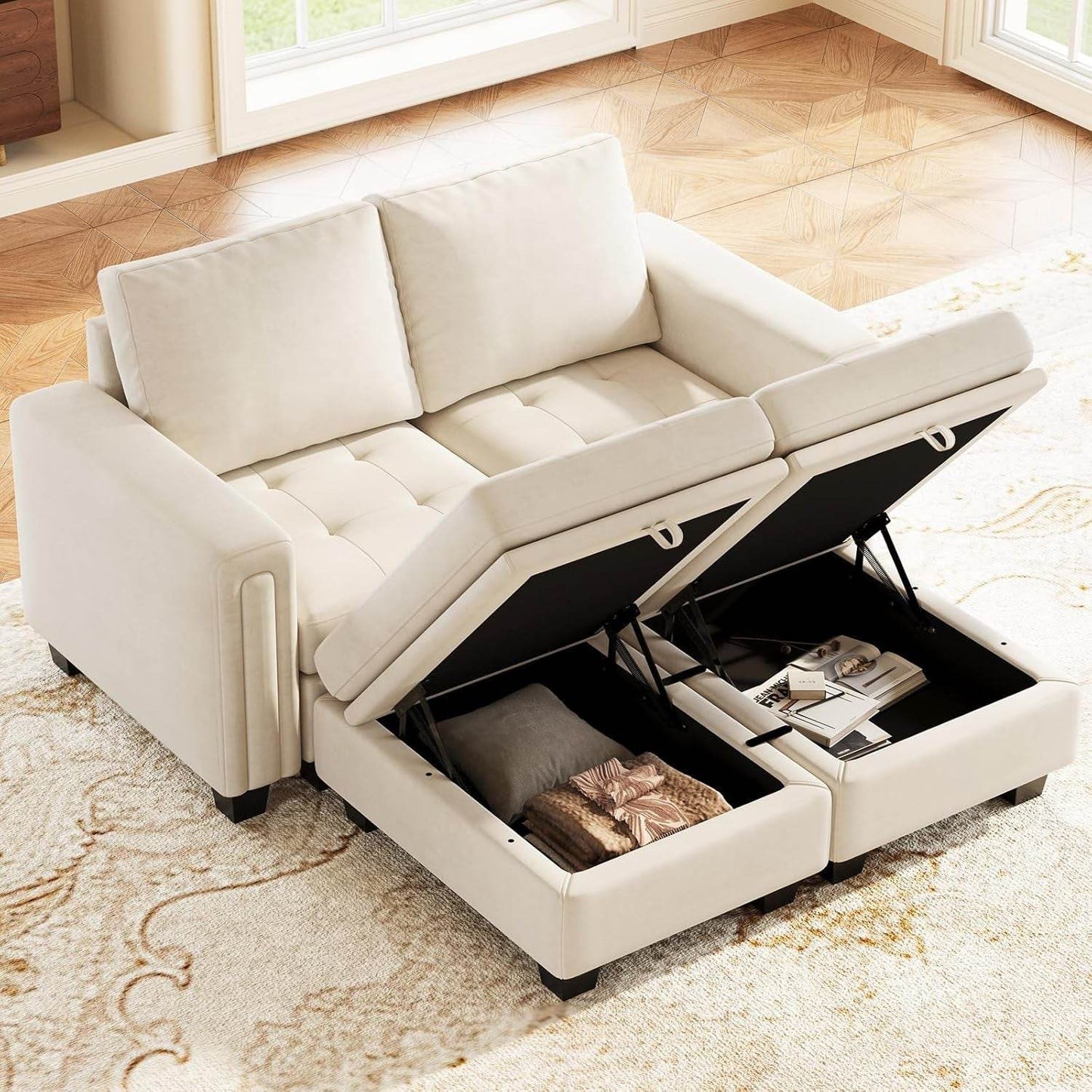 Velvet Modular Sectional Sofa Couch with Storage Convertible Sectional Sleeper Sofa Couch Bed Set with Reversible Chaise Beige - Loft&Timber