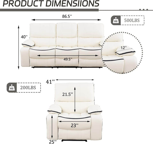 Recliner Sofa Set Bonded Leather Living Room Furniture Set in Cream White - Loft&Timber