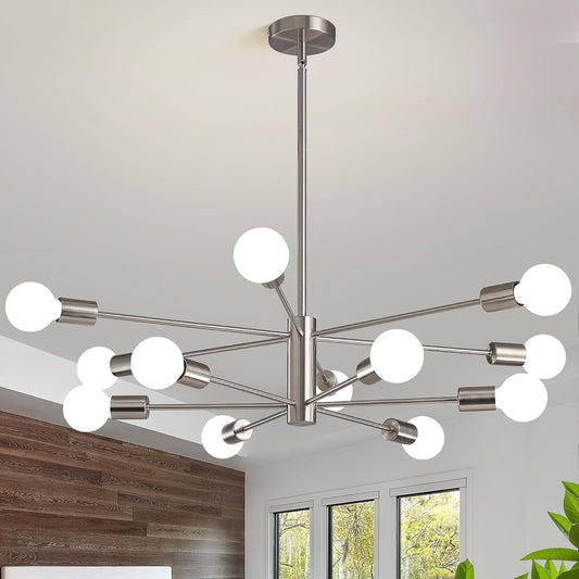 Modern Sputnik Chandeliers Light, 12 Lights Brushed Nickel Dining Room Chandelier over Table, Height Adjustable Industrial Semi Flush Mount Mid Century Chandelier for Kitchen Island Living Room-1