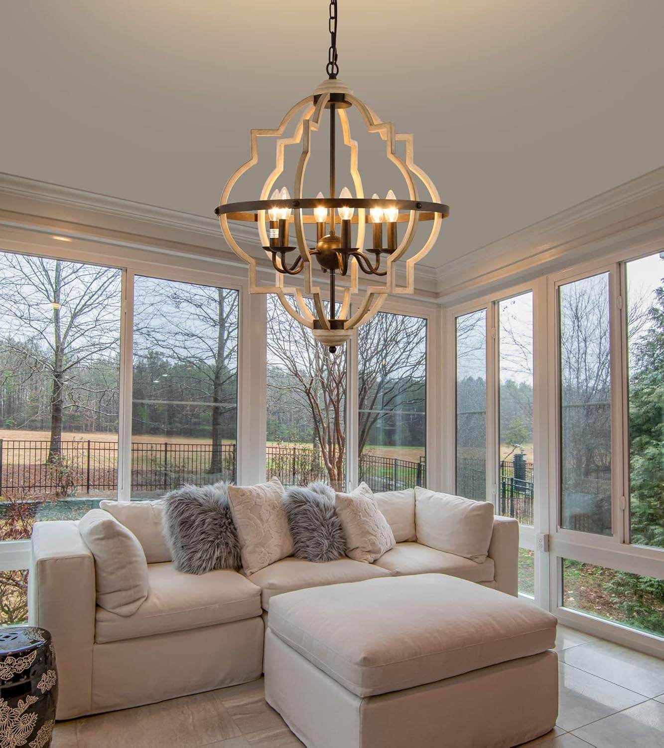 Rustic Antique Orb Chandelier Farmhouse Vintage 6-Lights Oak White Hanging Ceiling Light Fixtures for Foyer Dining Room Kitchen Living Room - Loft&Timber