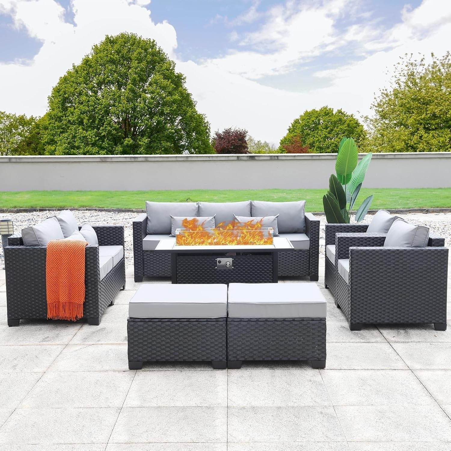 7 PCS Outdoor Furniture Sets 60000BTU 45-Inch Outdoor Propane Fire Pit Table Patio Furniture Set No-Slip Cushions and Waterproof Covers, Light Grey - Loft&Timber