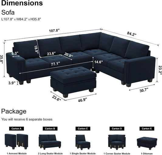 Velvet L Shaped Sofa Couch with Reversible Chaise Convertible Modular Sectional Sofa Set with Storage Ottoman Corner Sofa Set for Living Room Blue - Loft&Timber