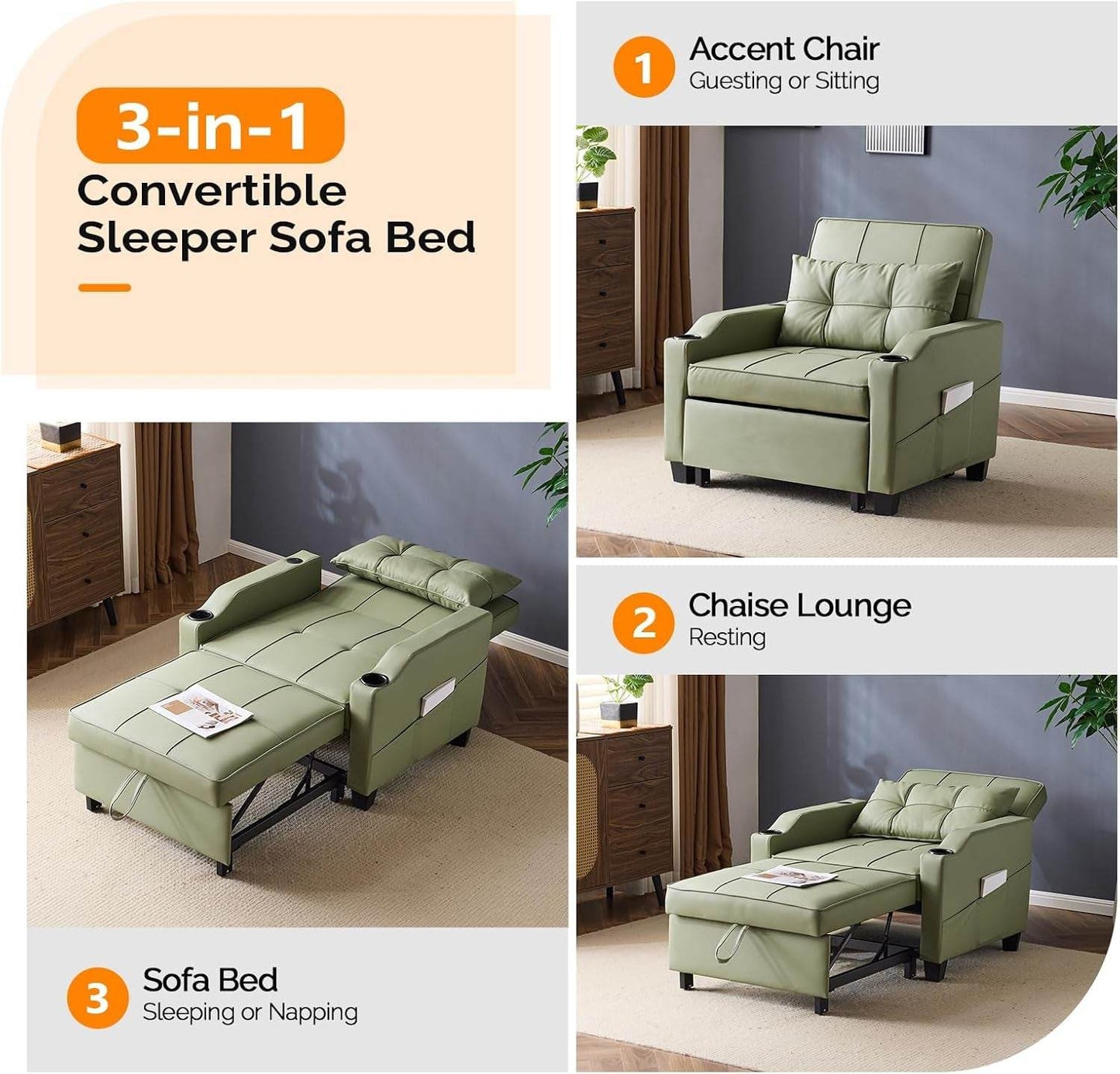 Sofa Bed Chair Recliner, 3-In-1 Convertible Sleeper Sofa Chair Bed Green Daybed Pull Out Couch Bed with Adjustable Backrest, USB Ports, Cup Holders for Small Spaces Living Room - Loft&Timber