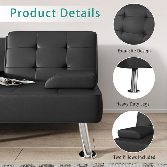 Futon Sofa Bed Modern Folding Futon Set Convertible Recliner Lounge for Living Room with 2 Cup Holders, Removable Armrests (PU Leather, Black)-1